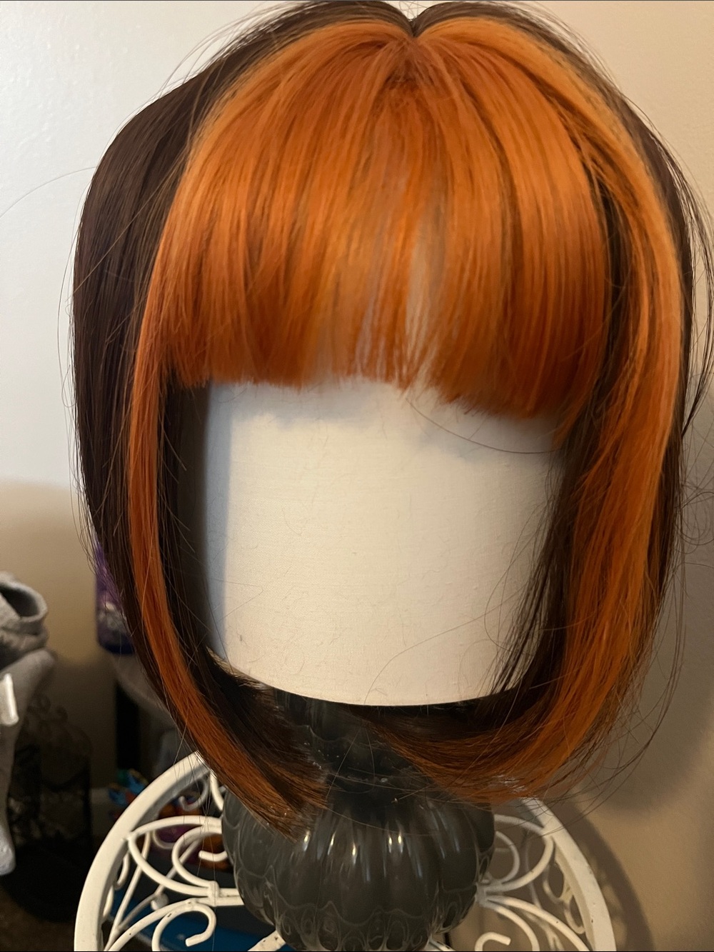 Bold Orange and Brown Synthetic Bob Wig with Blunt Bangs